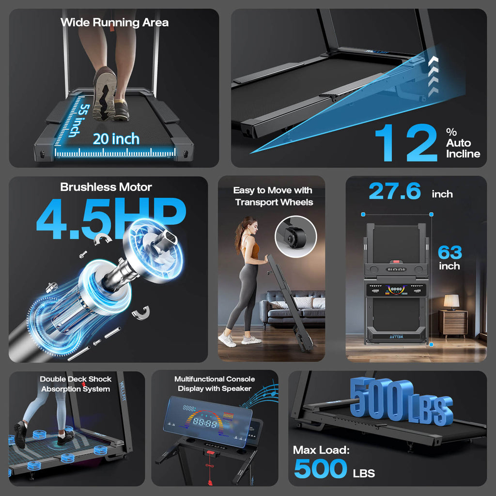 TM029 Treadmill-12 Auto Incline-500LBS-10mph-55Inch Long Running Area