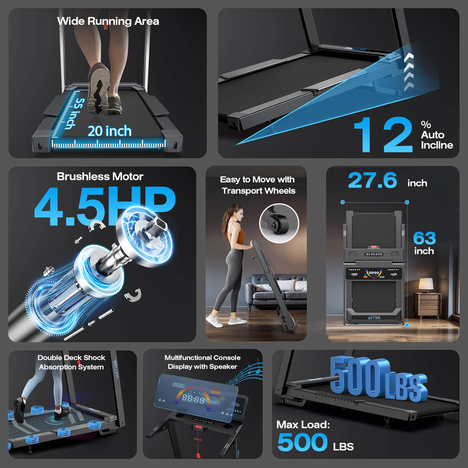 TM029 Treadmill-12 Auto Incline-500LBS-10mph-55Inch Long Running Area